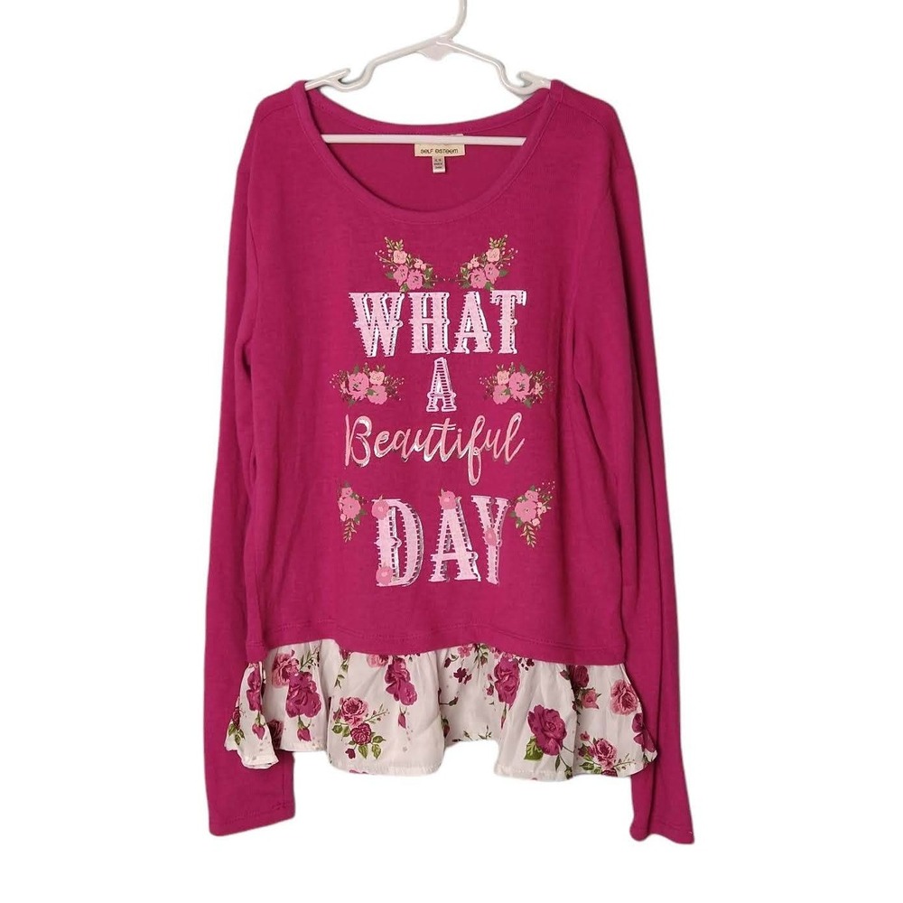 Self Esteem Girls Pink XL 16 Graphic Print Top Long Sleeve Floral‎ Ruffle Hem